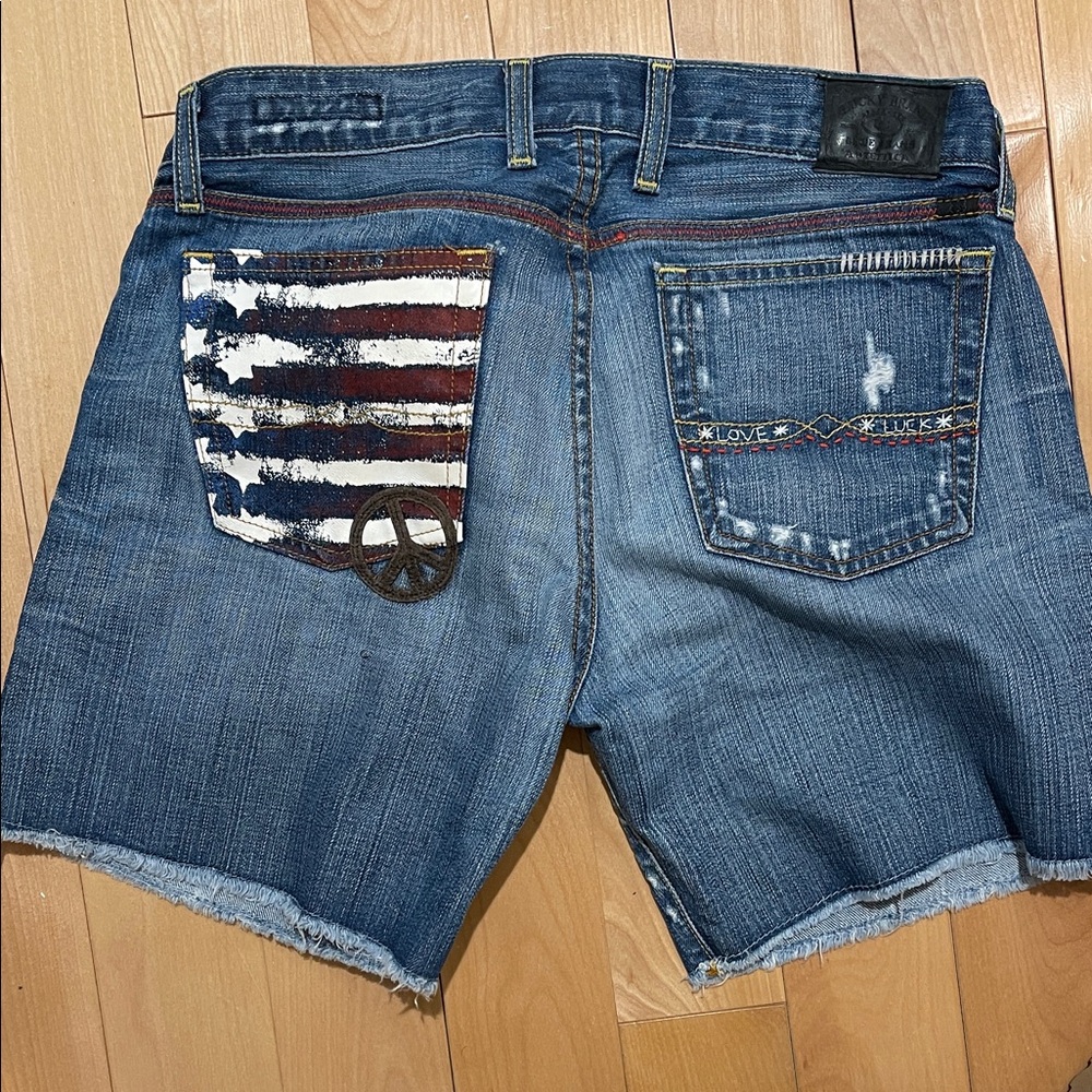 Lucky Brand Blue Jean Shorts with Flag and Peace Design